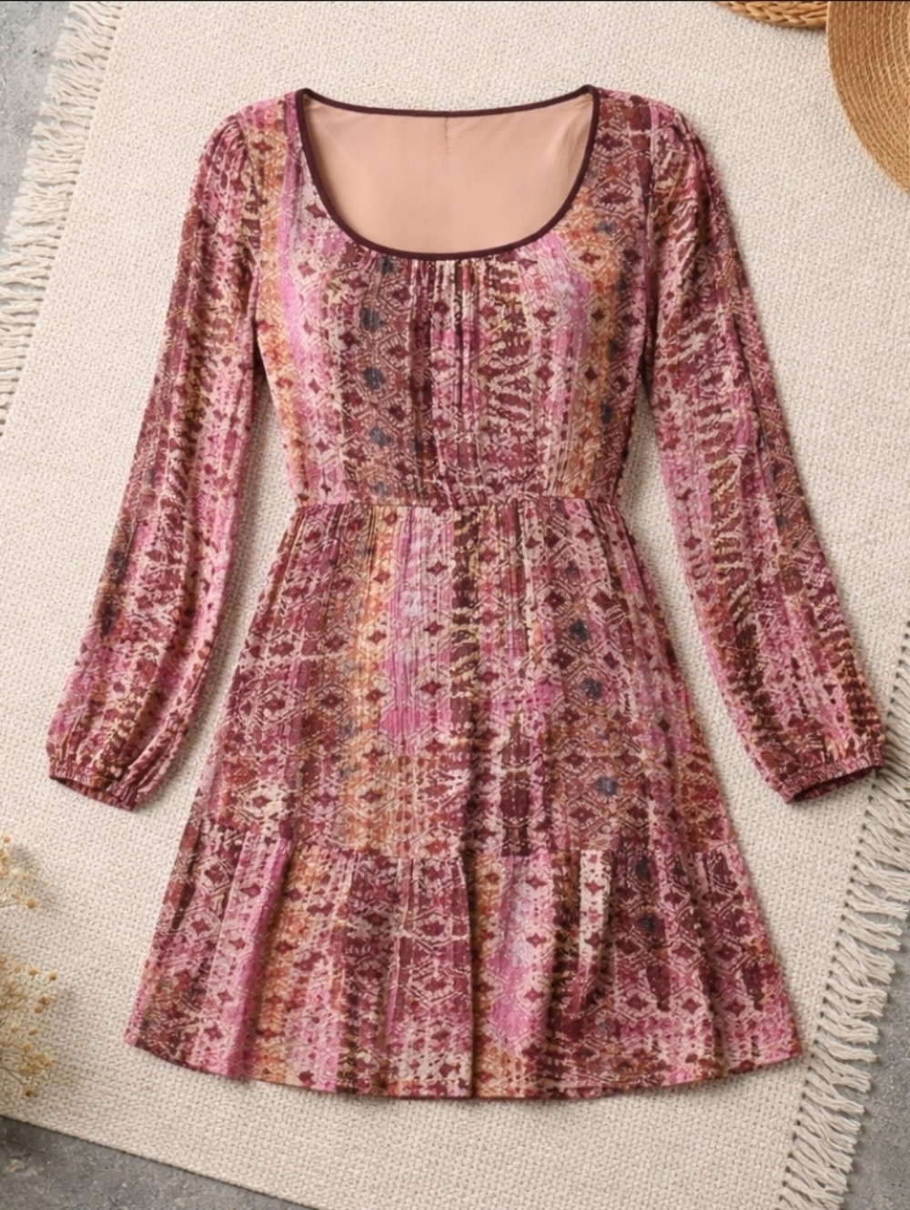 Bohemian Pink Mini Dress Long Sleeves Ruffle Hem Boho Festival Small
